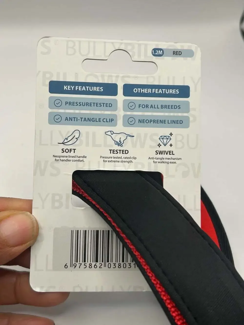 BullyBillows 1.2M Nylon Snap Lead Dog Leash - Red/Black